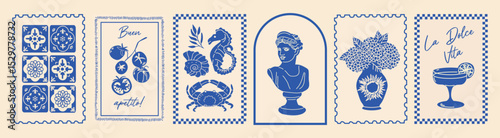 Italy summer print. Hand drawn postcard set. Amalfi, lemon, statue,wine, frame. Blue coast vibe. Vintage travel style. Simple dolce vita look.	