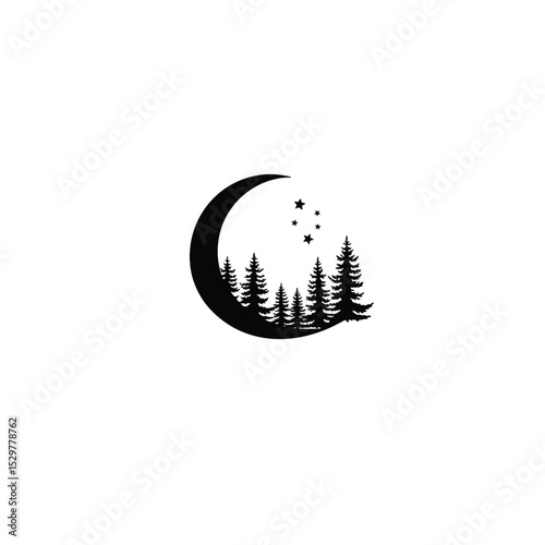 A crescent moon glowing over a peaceful forest silhouette on white background