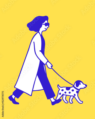 Woman walking dog in flat minimalist style on yellow background