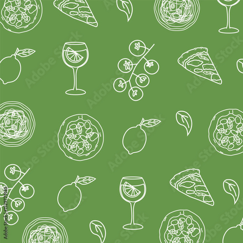 Seamless pattern with hand drawn Italian food. Pizza slices, pasta bowls, tomatoes, lemons, basil leaves, and wine glasses. Traditional cuisine doodle texture for fabric, wrapping, or packaging.