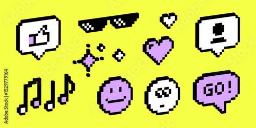 Pixelated y2k 3d vector icons set, heart, lightning bolt, star, sunglasses, cloud, social media like and message symbols. Vector graphics.