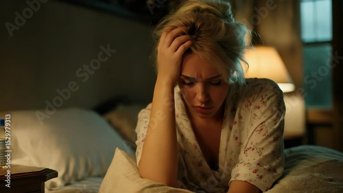 A young woman holds her head in pain, sitting on a bed at night with medicine bottles beside her on the nightstand.
