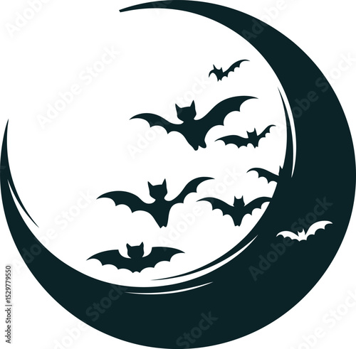 A crescent moon silhouette with several bats flying around it in a dark and spooky halloween scene