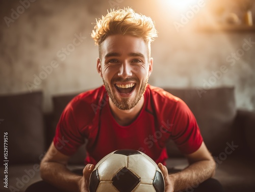 Excited football fan cheering indoors wearing red soccer jersey and holding ball during match celebration