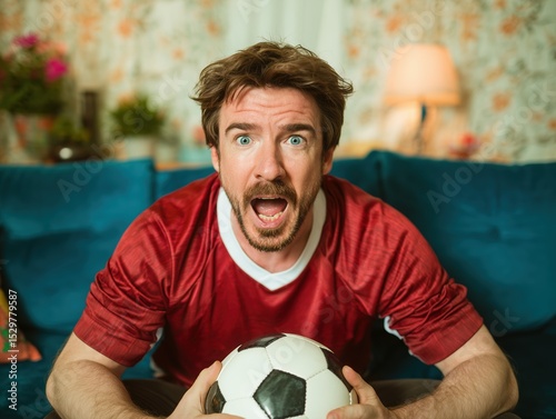 Football enthusiast celebrating during match indoors with red uniform