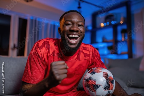 Excited football fan screaming at home wearing red soccer jersey
