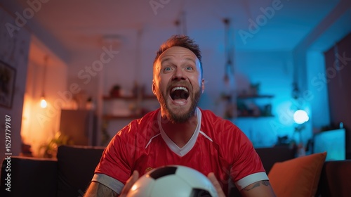 Football enthusiast screaming during match indoors with red uniform