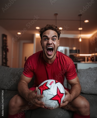 Excited football fan screaming at home wearing red soccer jersey