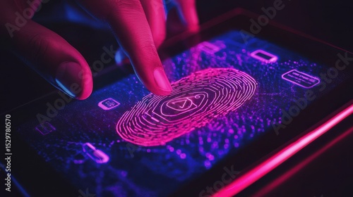 Digital Fingerprint on Touchscreen with Neon Graphic Elements