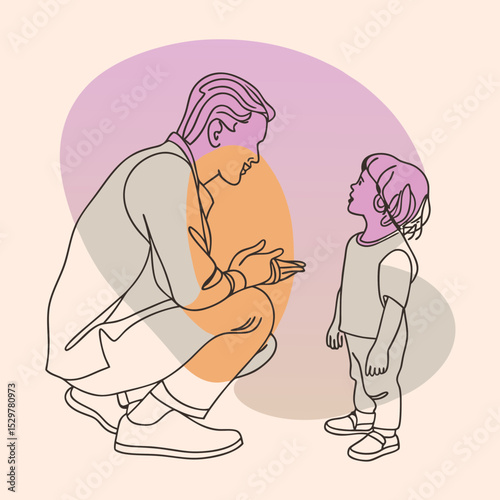 an adult squatted down in front of the child and sits on the same level with him and says something to him
