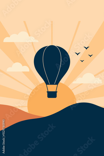 Hot Air Balloon Sunrise Flat Color Vector Illustration