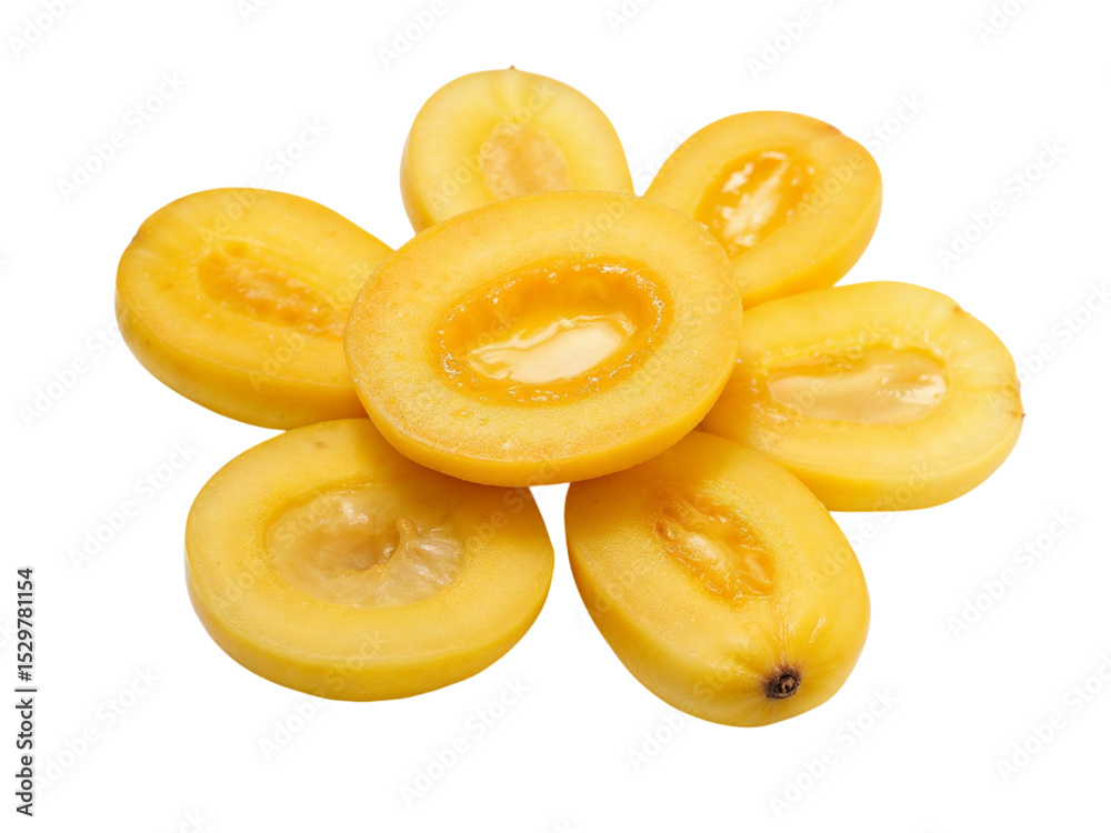 Ripe yellow jojoba fruit slices isolated on transparent background Ripe yellow jojoba fruit slices isolated on transparent background