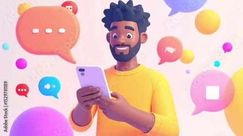 Wallpaper Mural Cartoon 3D young man using mobile phone with chat bubbles around him, showing social media, texting and digital communication. Torontodigital.ca
