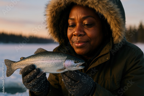 Smiling woman in a fur lined winter coat holding a freshly caught trout outdoors on a frozen lake at sunrise in cold weather