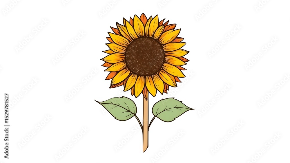 Fototapeta premium Bright Sunflower with Yellow Petals and Green Leaves on White Background