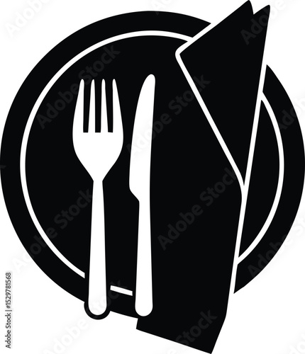 Stock photo of a restaurant menu design with a fork, knife, and spoon icon set on a plate, perfect for illustrating dining and meal concepts