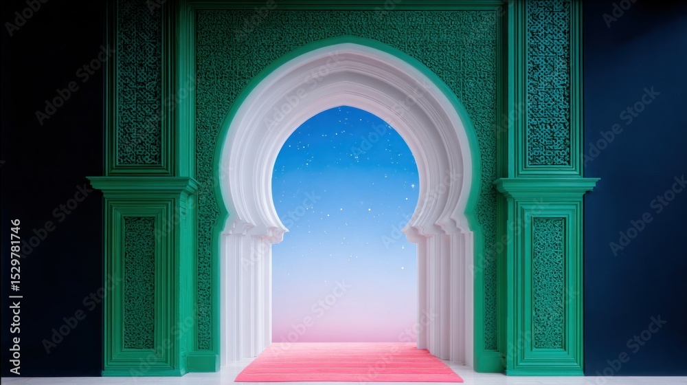 Fototapeta premium Celestial City Gate: Ornate Green Archway Opening to Starry Night Sky