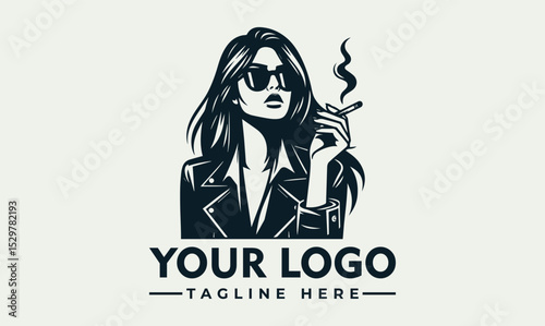 Cool black and white illustration of a fashionable woman wearing sunglasses and leather jacket while smoking a cigarette. Urban lifestyle concept