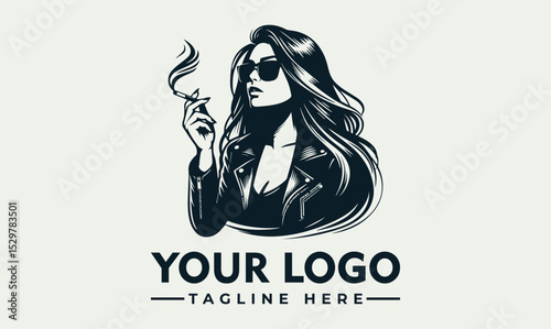 Cool black and white illustration of a fashionable woman wearing sunglasses and leather jacket while smoking a cigarette. Urban lifestyle concept