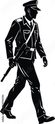Policeman Walking Confidently Holding Baton in Professional Uniform Silhouette