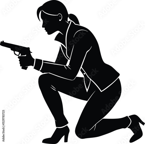 Silhouette of Crouching Female Agent Holding a Gun in Tactical Position