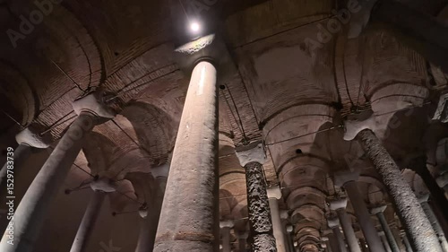 Basilica Cistern , a wide-angle view capturing the columns, arches, and detailed brickwork of an underground historic structure, emphasizing its architectural grandeur