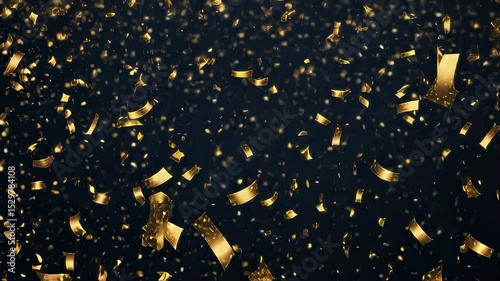 Gold confetti falling in a loop on a black background with glittering festive particles