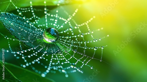 Dewdrop on spiderweb, vibrant green backdrop