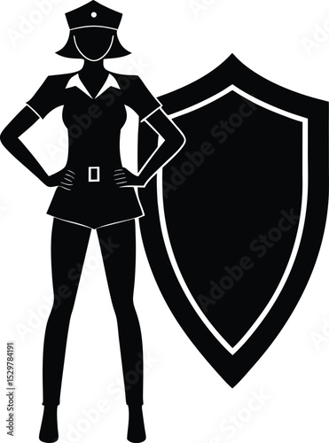Silhouetted Policewoman Holding Shield Icon Symbolizing Protection