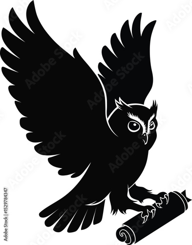 A stylized black owl in flight carrying a rolled parchment in its talons against a white background silhouette