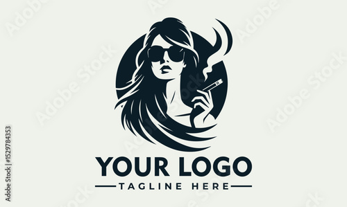 Cool black and white illustration of a fashionable woman wearing sunglasses and leather jacket while smoking a cigarette. Urban lifestyle concept