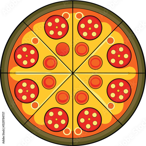 Delicious vector pizza illustration on a round plate with colorful food design