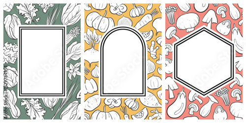 Set of 3 poster designs for healthy food concept, Veggie Time! Series. Cute hand drawn mix vegetables illustration in details on background with frame and copy space. Green, yellow and pink colors.