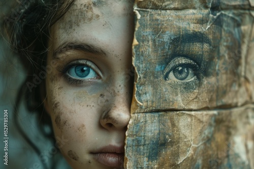This intriguing image presents a girl partially obscured behind torn paper, blending beauty and mystery in a compelling representation of hidden emotions and identity. photo