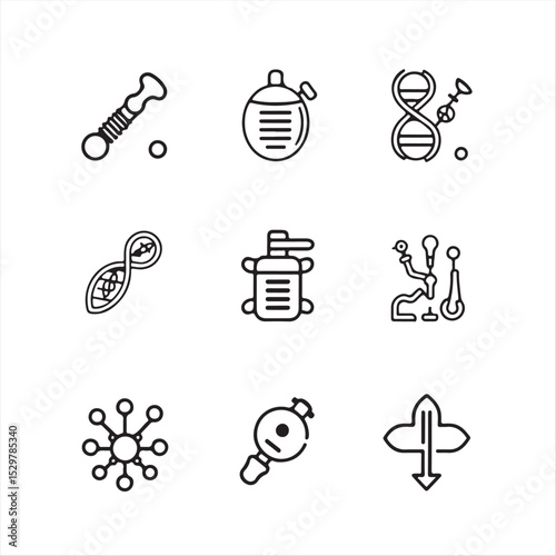 A set of eight monochrome icons showcasing biotechnology and genomics.  Use clean lines and geometric shapes to illustrate CRISPR, DNA sequencing, synthetic biology, bioreactors, tissue engineering
