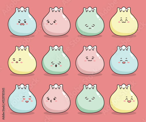 kawai cute dumplings. Different emotions happy, sad, love