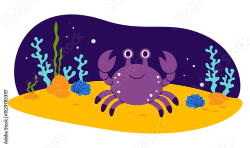 Cute Crab and Sea algae on sandy seabed. Funny tropical animal. Underwater seascape landscape. Vector illustration. Kids collection