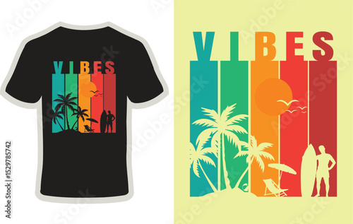 Tropical beach vibes design with palm trees and surfer silhouette