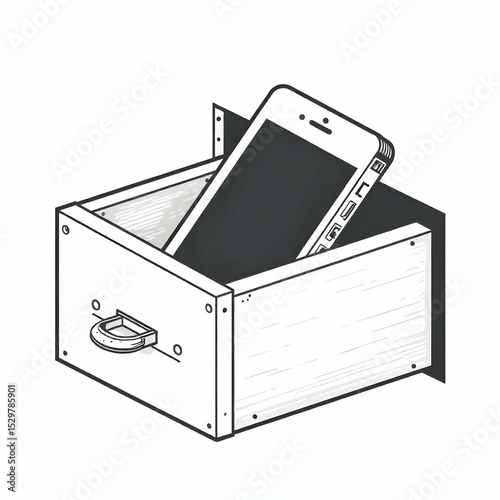 Single black and white vector icon of a digital detox — smartphone locked inside a drawer, minimalist line style, symbolic modern lifestyle icon