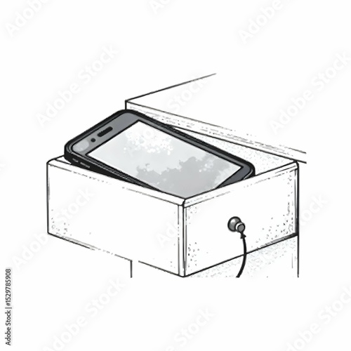 Single black and white vector icon of a digital detox — smartphone locked inside a drawer, minimalist line style, symbolic modern lifestyle icon