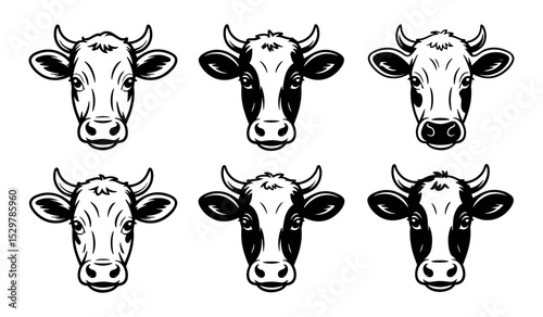 Set of Six Cartoon Cow Head Illustrations with Different Expressions


