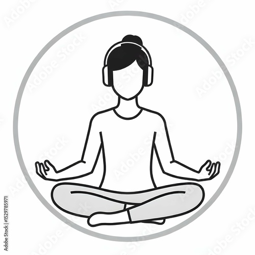 Minimalist vector icon of a person meditating while wearing noise-canceling headphones, black and white line art, tech-meets-mindfulness lifestyle