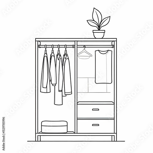 Single line black and white vector icon of a minimalist wardrobe with capsule-style clothing, clean outline style, sustainable fashion lifestyle