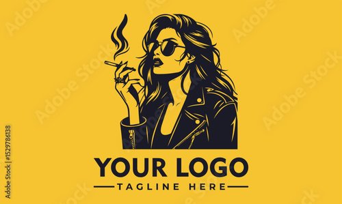 Cool black and white illustration of a fashionable woman wearing sunglasses and leather jacket while smoking a cigarette. Urban lifestyle concept
