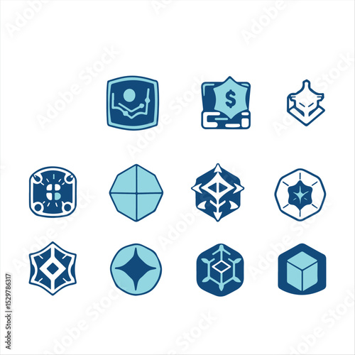 An icon set representing alternative finance concepts DeFi, cryptocurrencies, blockchain applications, smart contracts, and decentralized exchanges. Geometric shapes, clean lines, subtle gradients