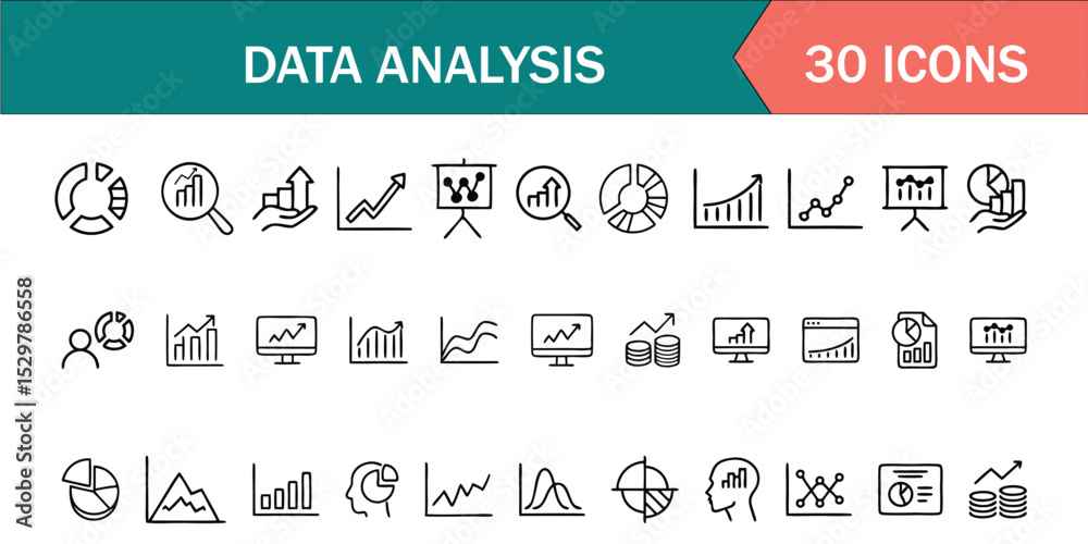 Fototapeta premium Data Analytics Vector Icon Set | Adjustable Line Weight | Chart, graph, analysis, report, growth, trend, statistics, pie chart, bar graph, line graph, scatter plot, dashboard, infographic icons 
