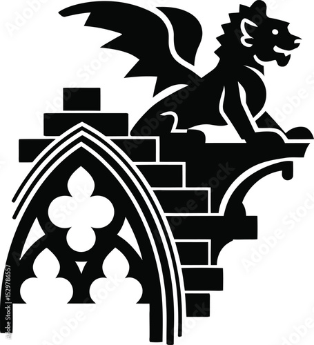 A striking black and white illustration of a griffin perched atop gothic architecture details art silhouette