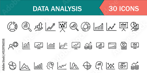 Data Analytics Vector Icon Set | Adjustable Line Weight | Chart, graph, analysis, report, growth, trend, statistics, pie chart, bar graph, line graph, scatter plot, dashboard, infographic icons 
