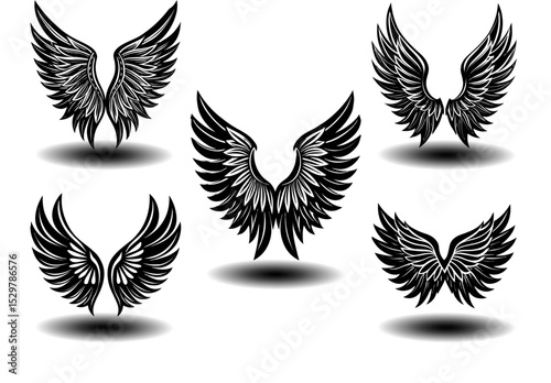 Elegant gothic angel wings vector set featuring distressed black feather details. Ideal for tattoo art, fantasy branding, spiritual prints, and memorial logos in scalable vector format.

