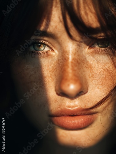 Close Up Portrait of a Young Woman with Freckles in Sunlight